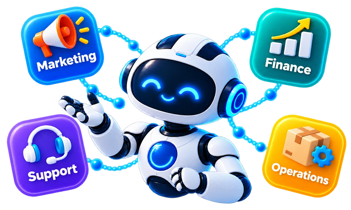 Ilustrasi robot AI 3D dengan ikon Marketing, Finance, Support, dan Operations